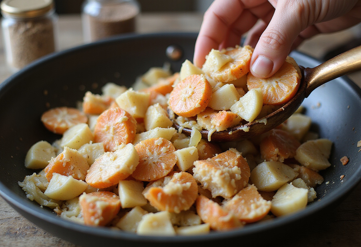 Adding crab meat to the sauce for crab pasta.
