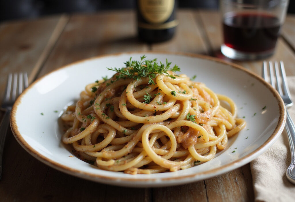 Delicious French Onion Pasta with fresh thyme and red wine.