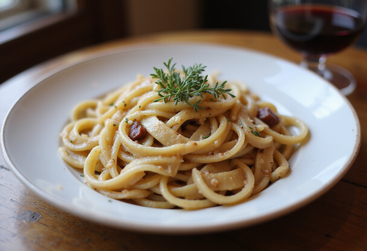 Delicious French Onion Pasta with fresh thyme and red wine.