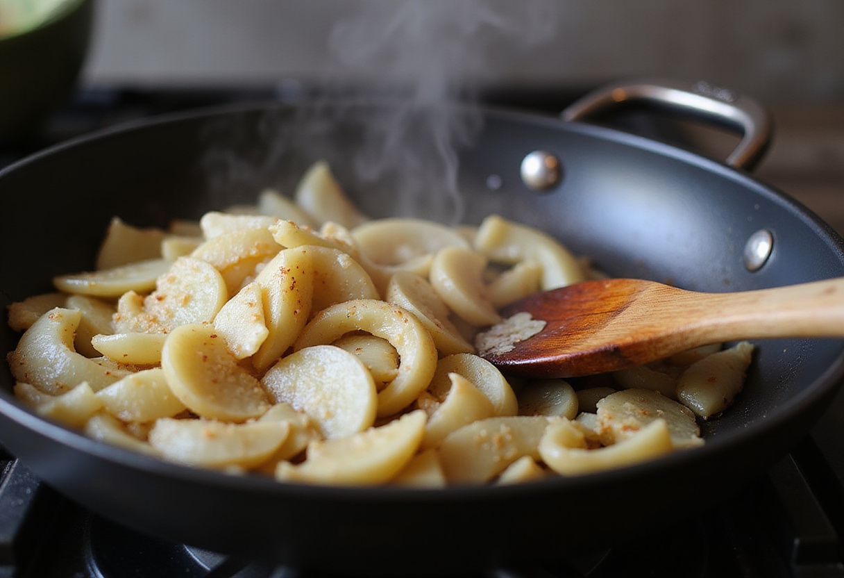 Caramelizing sliced onions in a skillet for French Onion Pasta.