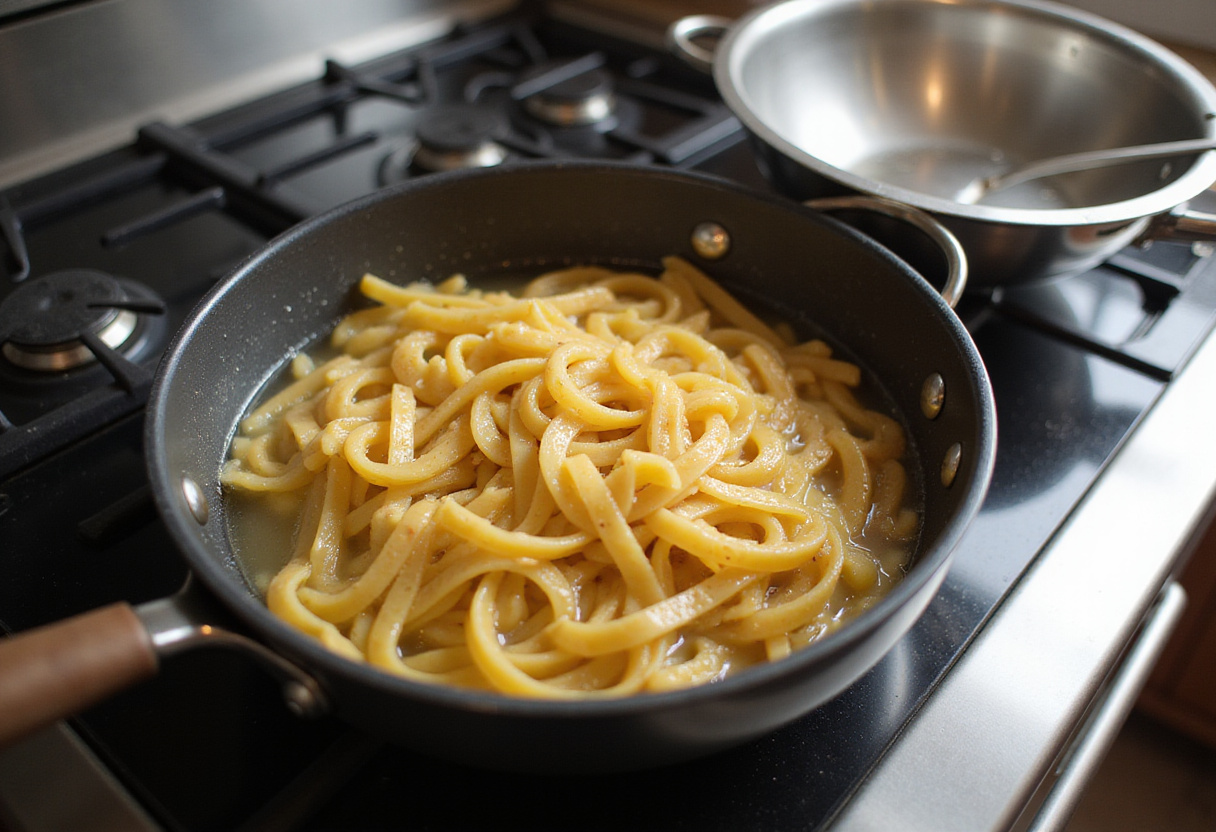 Pasta boiling in a pot for French Onion Pasta recipe.