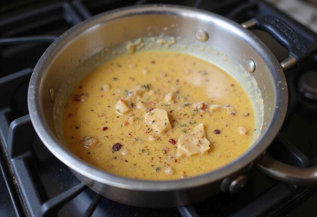 Creamy sauce simmering for French Onion Pasta.