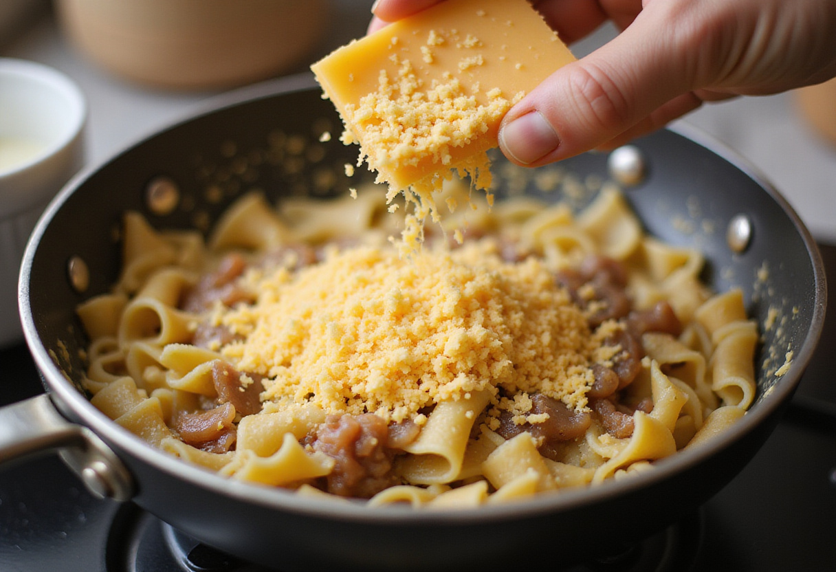 Grated Gruyère cheese being added to cooked pasta for French Onion Pasta.