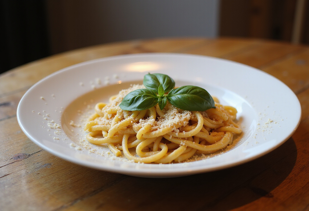 Finished Gigi Hadid pasta dish with basil and Parmesan, ready to eat.