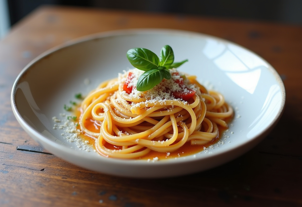 Finished Gigi Hadid pasta dish with basil and Parmesan, ready to eat.