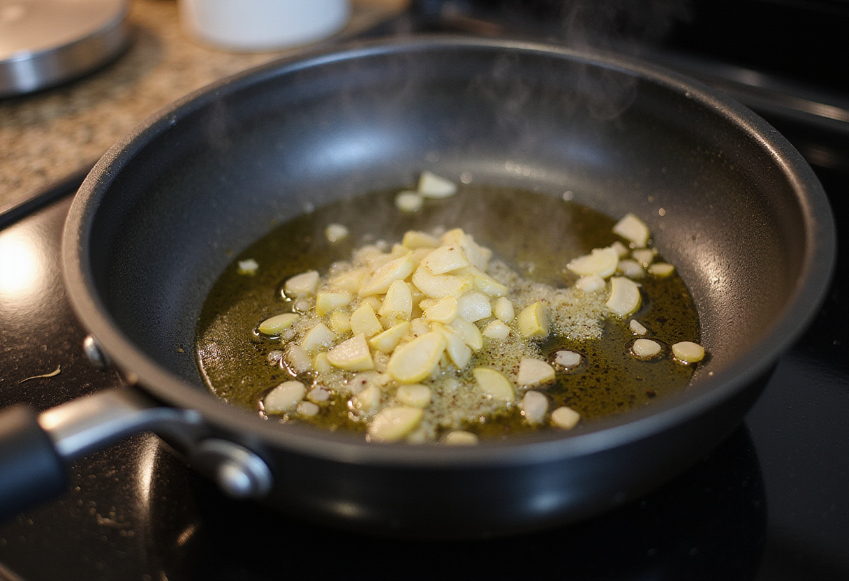Sautéing shallots and garlic in olive oil for Gigi Hadid pasta.