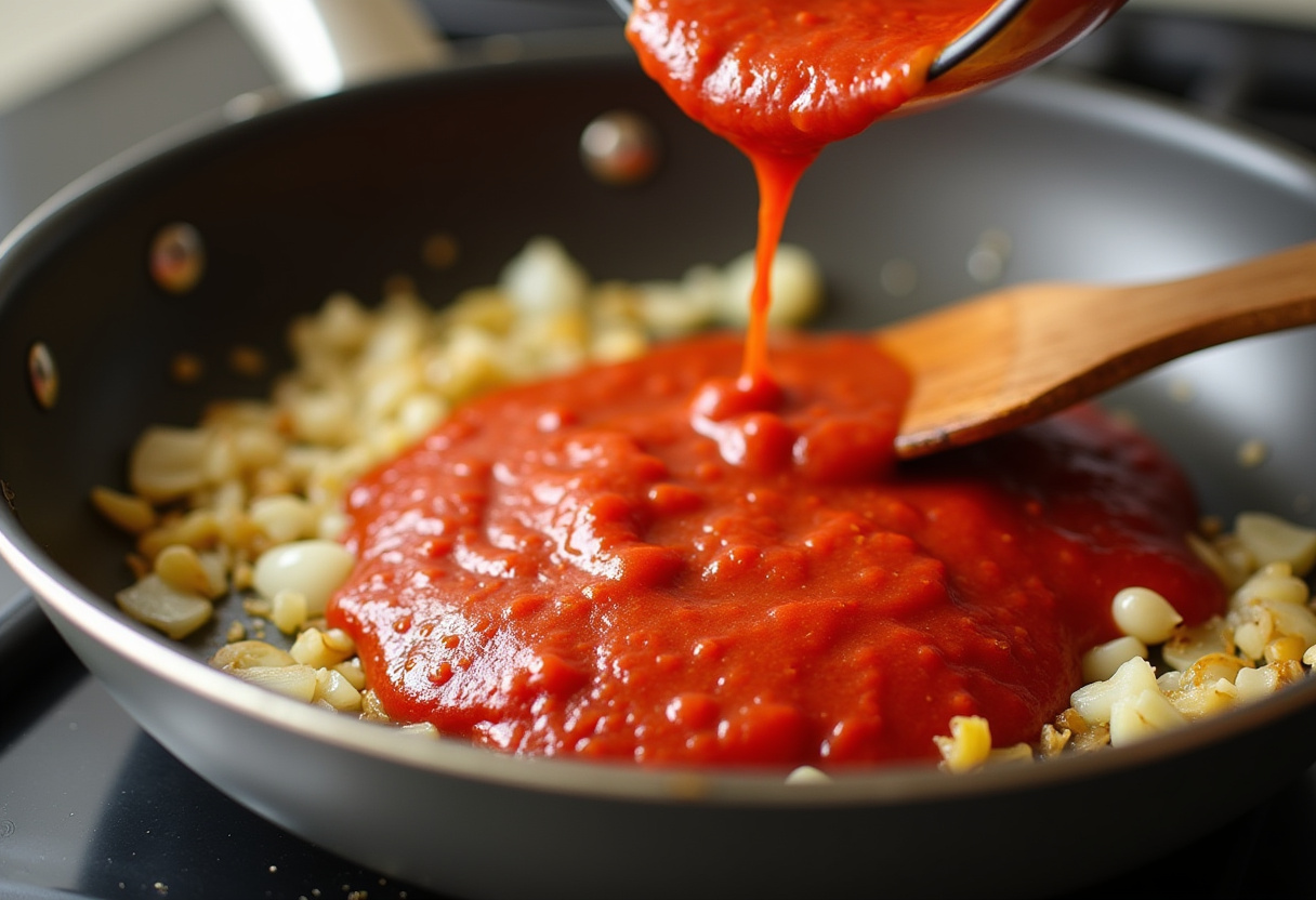 Adding tomato paste to sautéed ingredients for Gigi Hadid's pasta sauce.