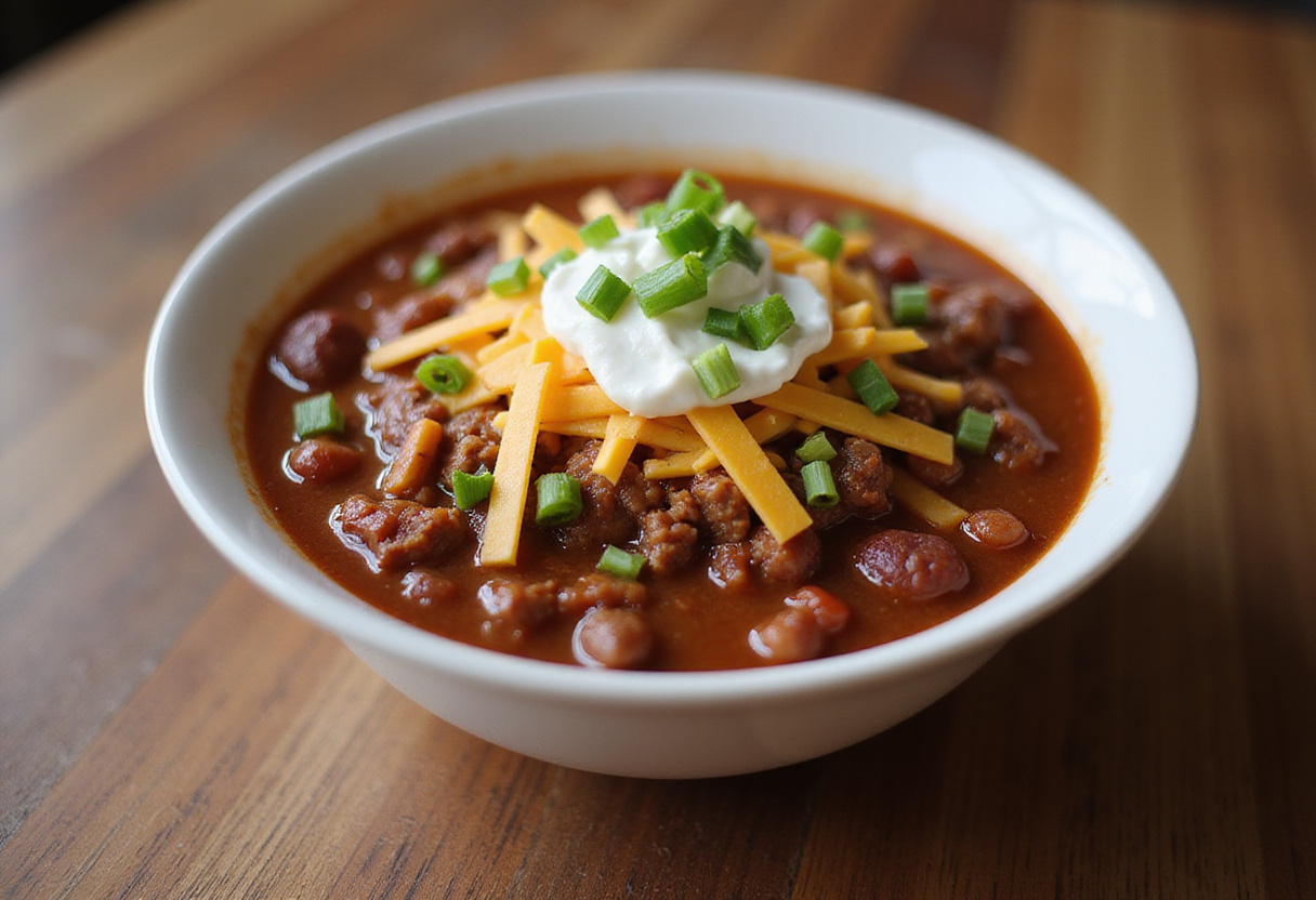 Ground beef chili made in Instant Pot, garnished and ready to eat.