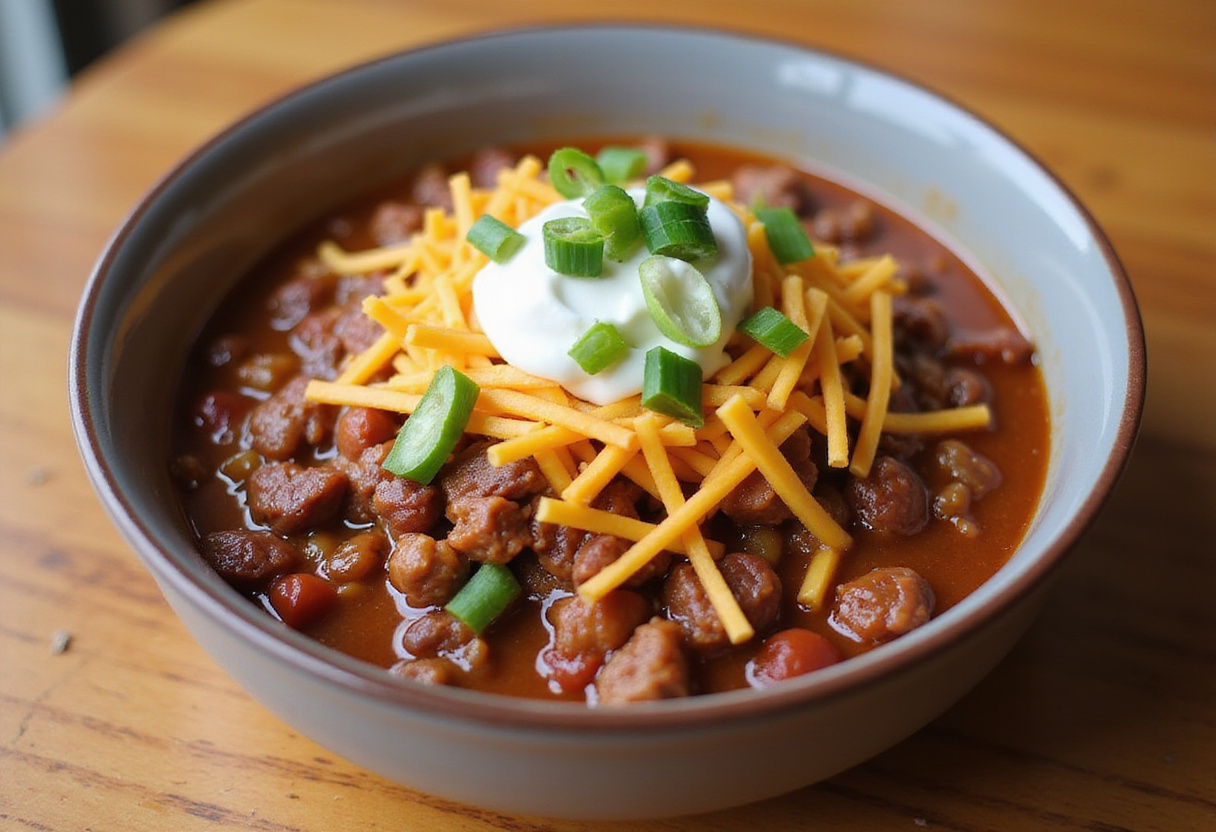 Ground beef chili made in Instant Pot, garnished and ready to eat.