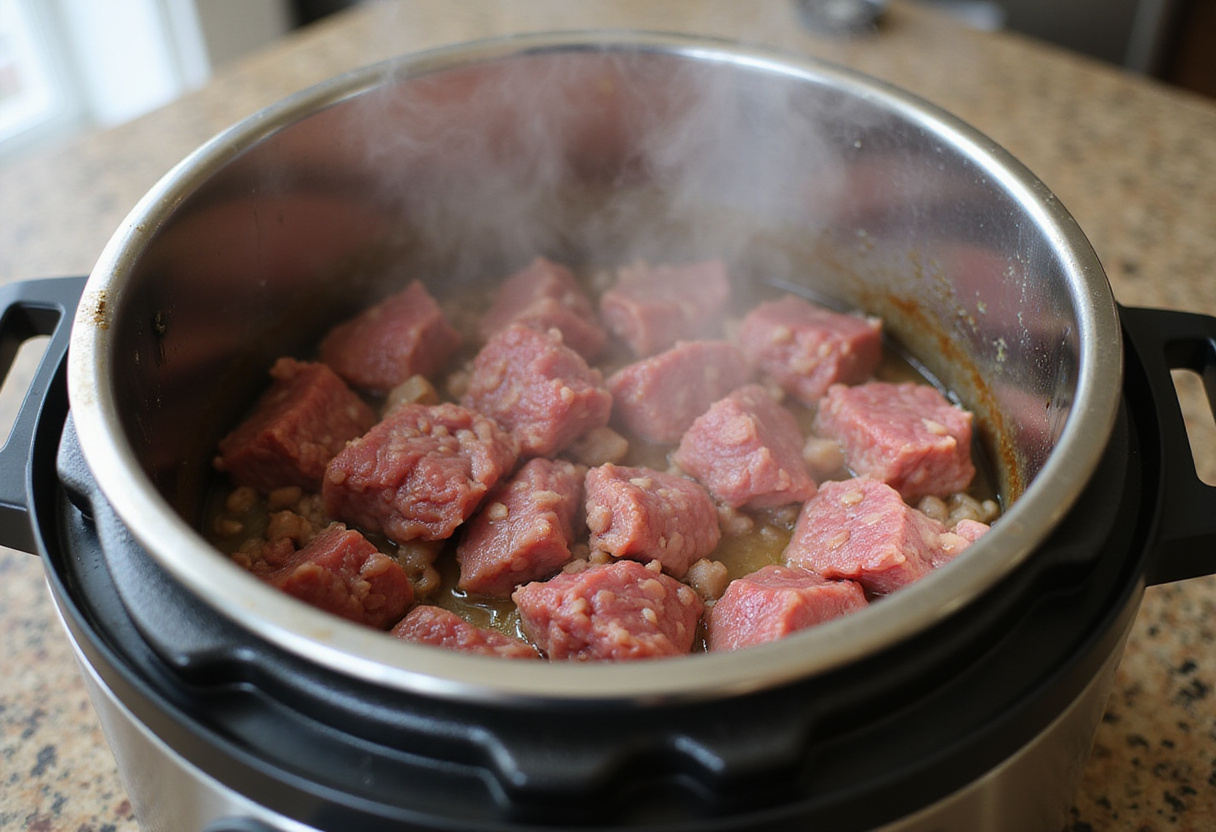 Ground beef being browned in the Instant Pot for a quick meal.