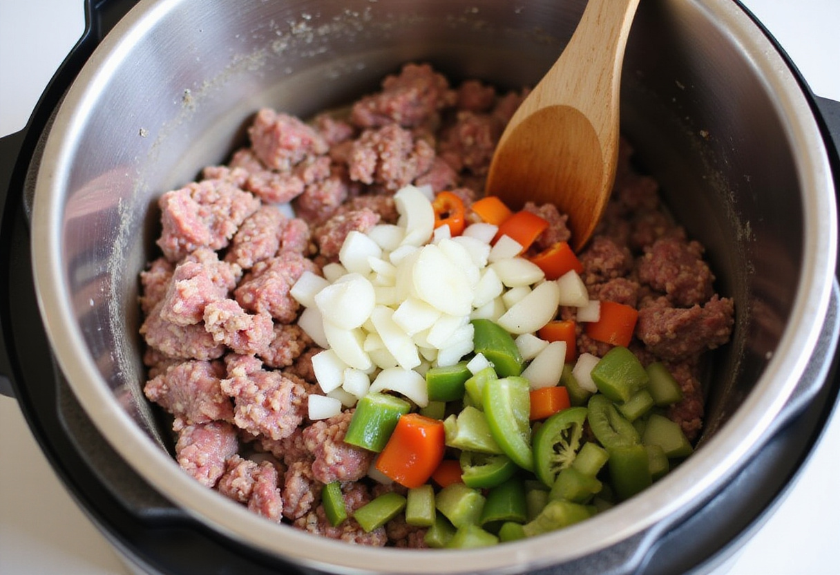 Adding vegetables to browned ground beef in Instant Pot for flavor.
