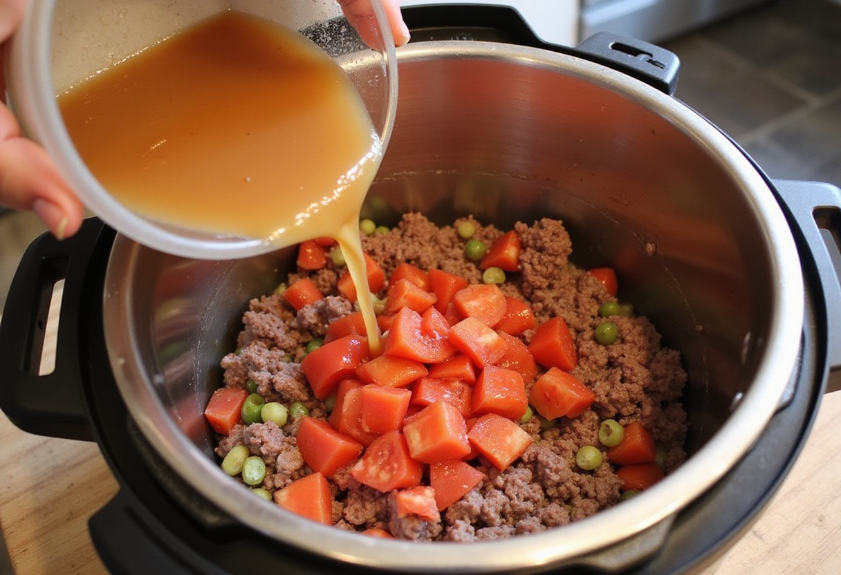 Adding diced tomatoes and beef broth to Instant Pot ground beef mixture.