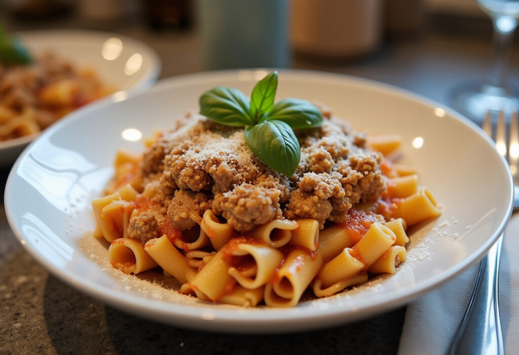 Delicious ground turkey pasta topped with basil and parmesan cheese.