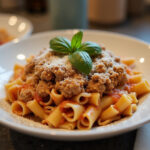 Delicious ground turkey pasta topped with basil and parmesan cheese.