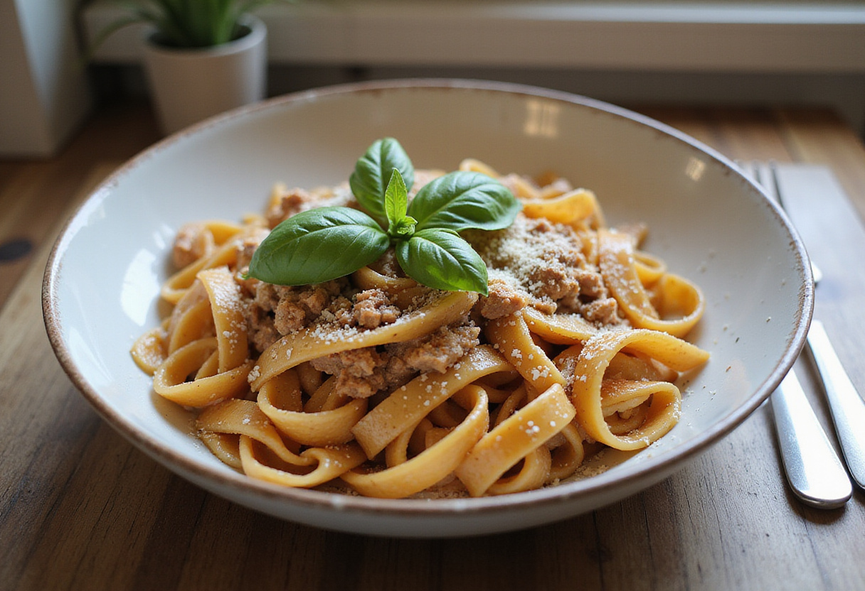 Delicious ground turkey pasta topped with basil and parmesan cheese.