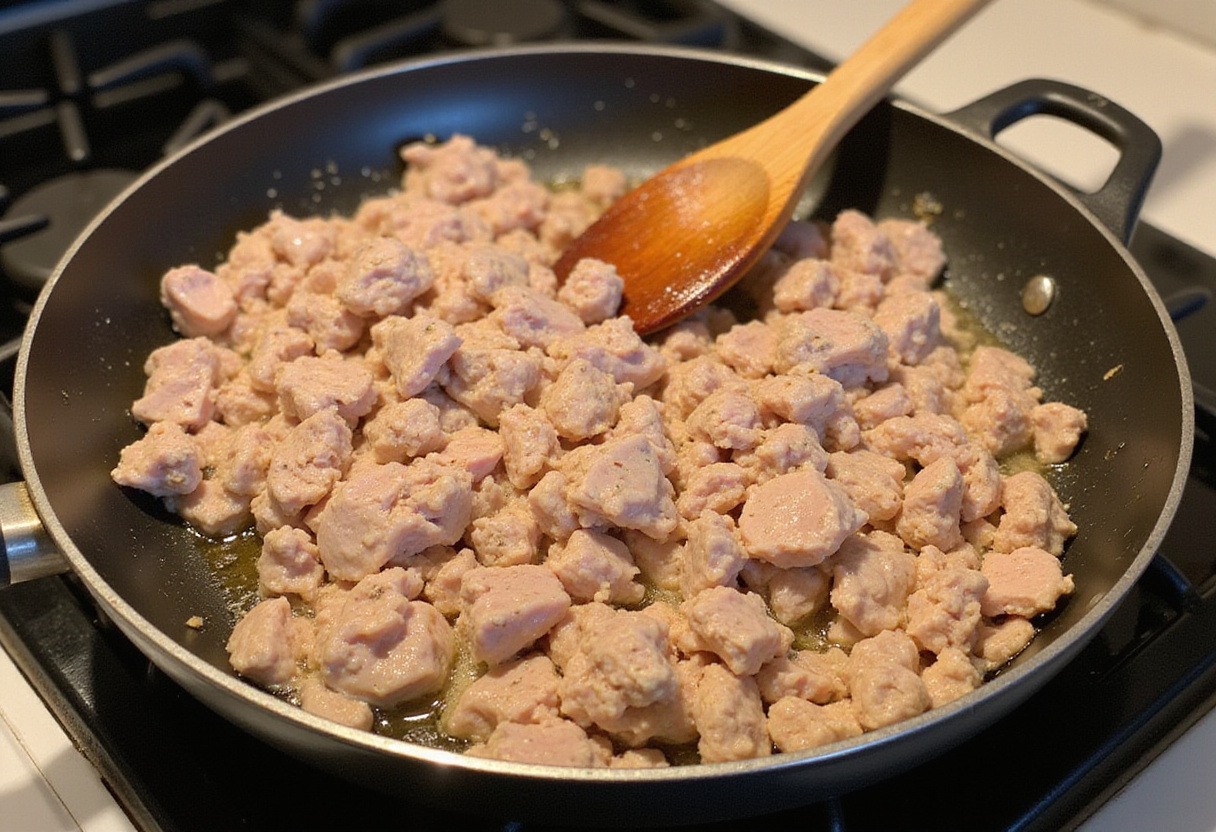 Ground turkey browning in a skillet for a pasta recipe.