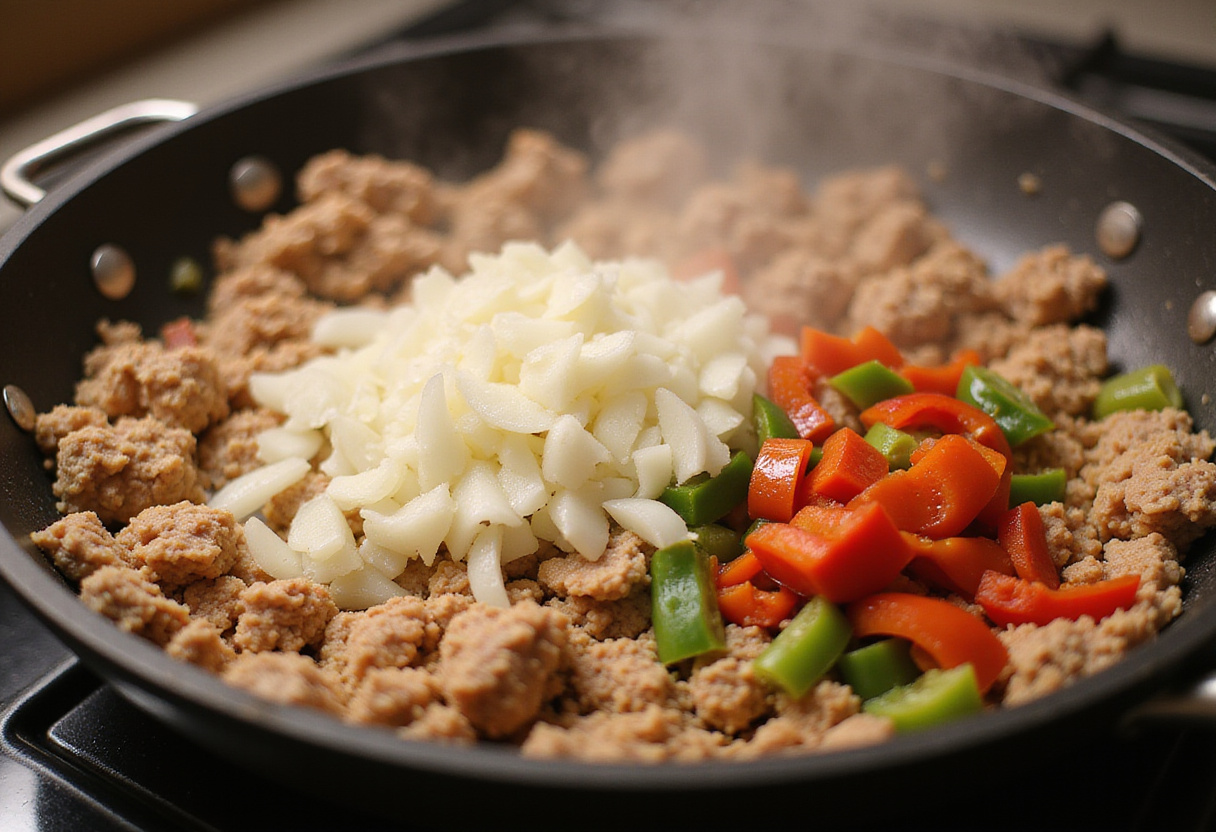Sautéing vegetables with ground turkey for pasta sauce.