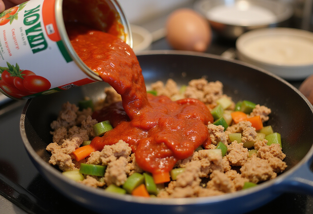 Adding tomato sauce to ground turkey and vegetables for pasta.