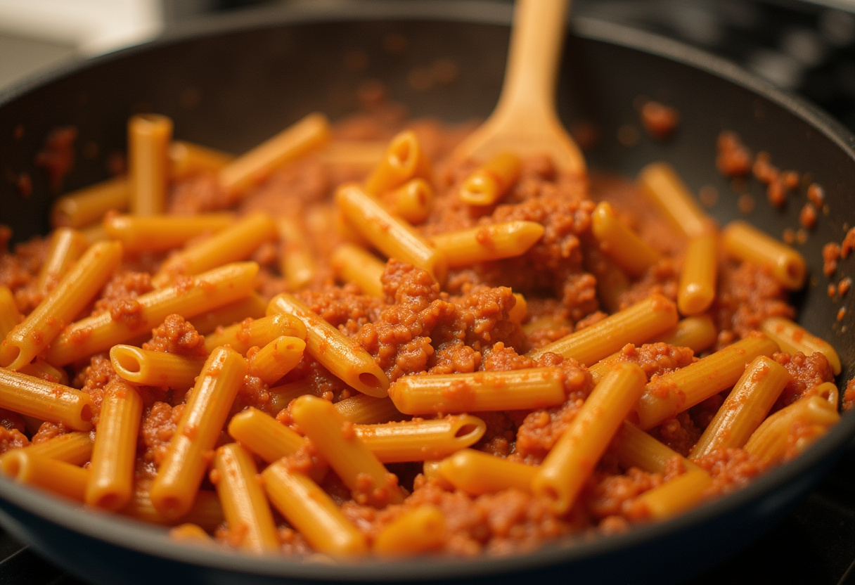 Mixing cooked pasta with ground turkey tomato sauce.