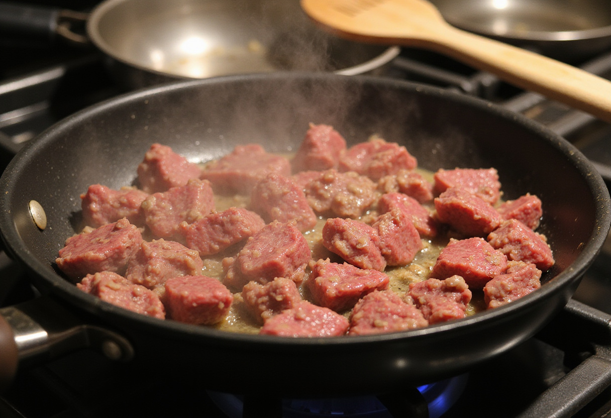 Ground beef browning in a skillet, first step of Hanky Panky recipe.