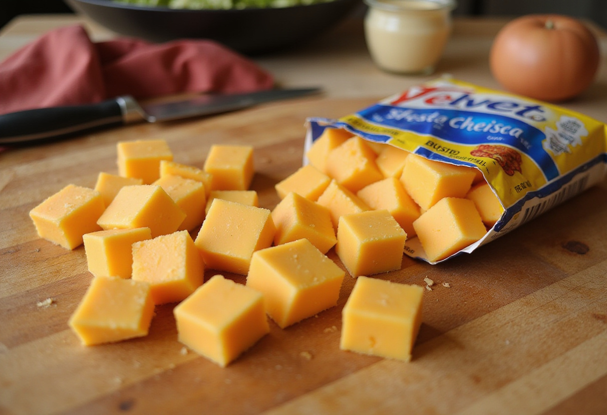 Velveeta cheese being cubed for the Hanky Panky appetizer.