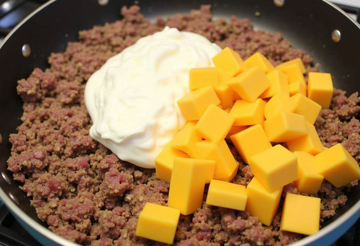 Ground beef, Velveeta and cream cheese combined in skillet for Hanky Panky.