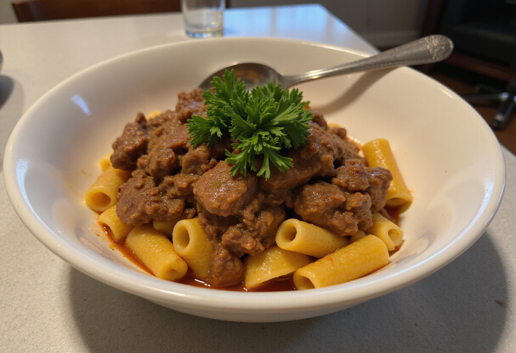 Finished Instant Pot ground beef and pasta dish ready to eat.