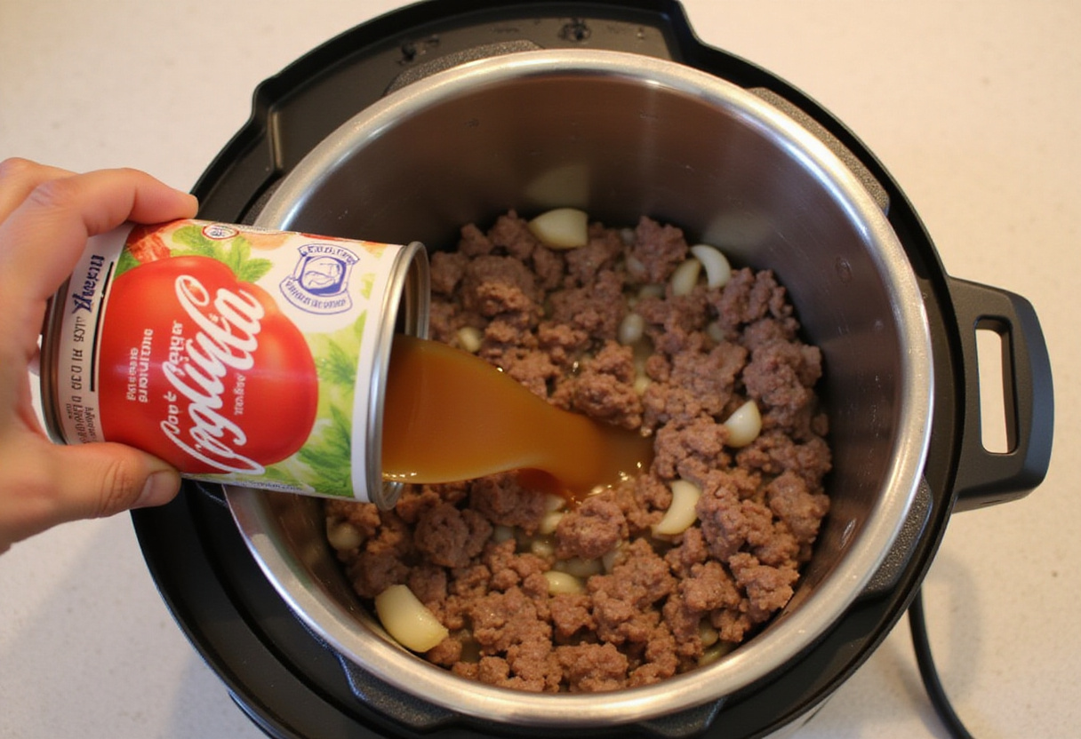 Adding diced tomatoes and beef broth to ground beef mixture in the Instant Pot.