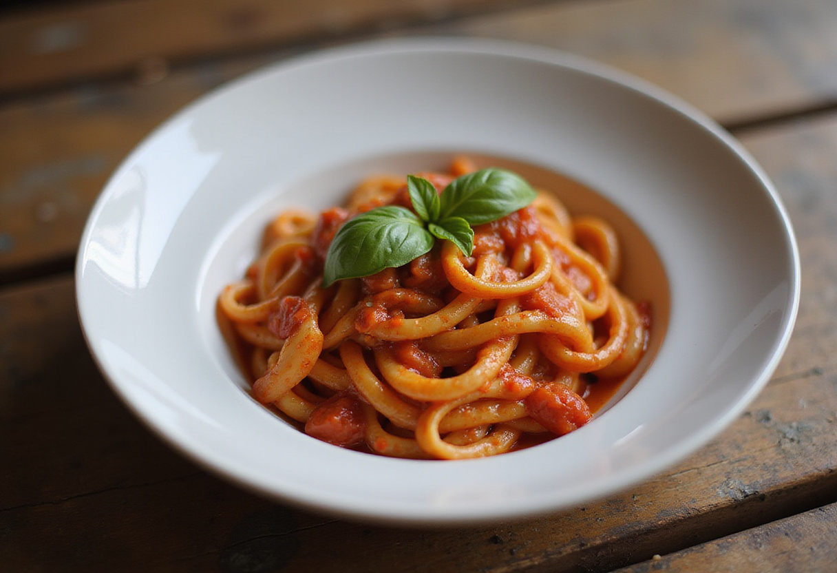 Delicious Instant Pot pasta with tomato sauce and basil, ready to eat.