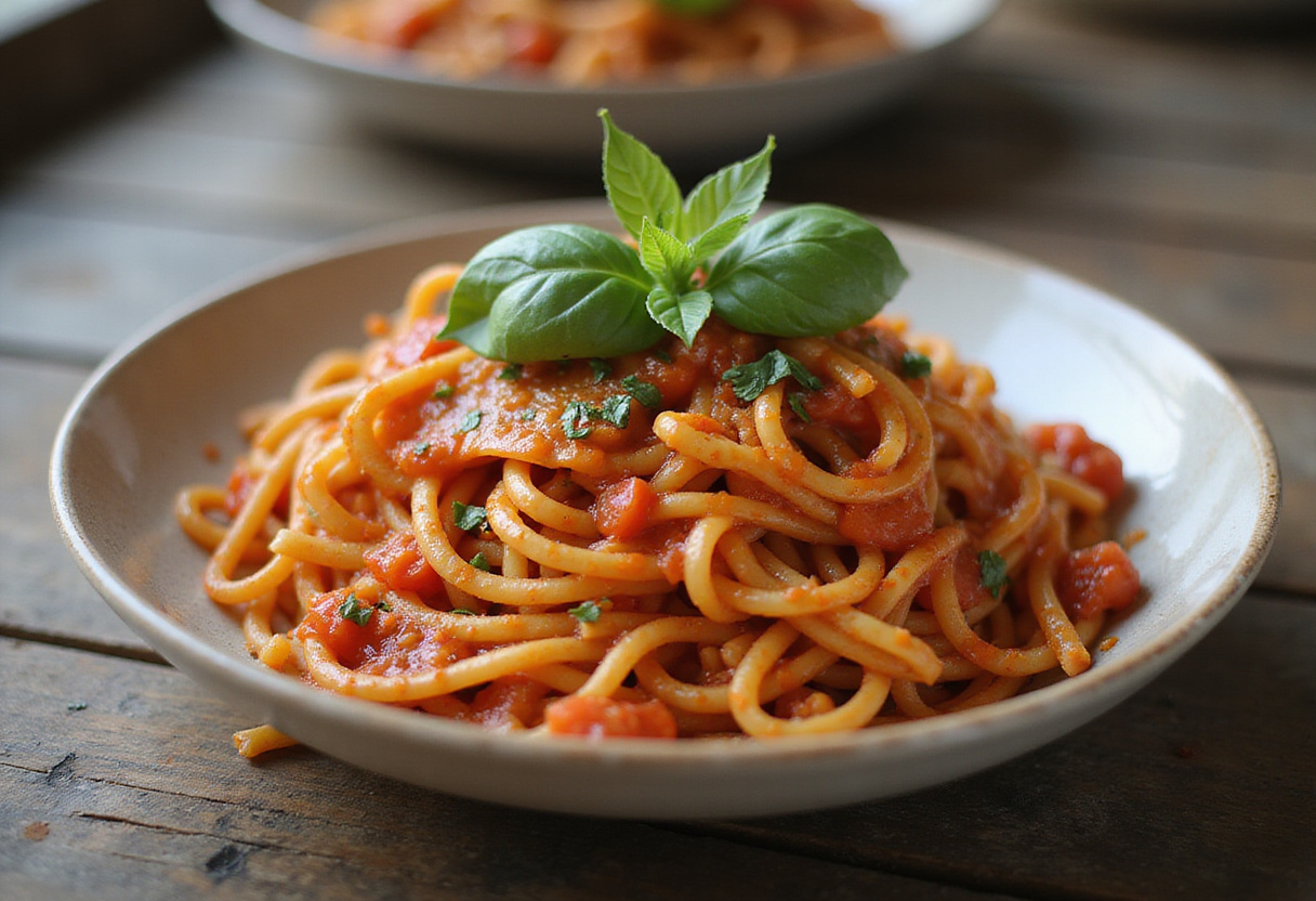 Delicious Instant Pot pasta with tomato sauce and basil, ready to eat.
