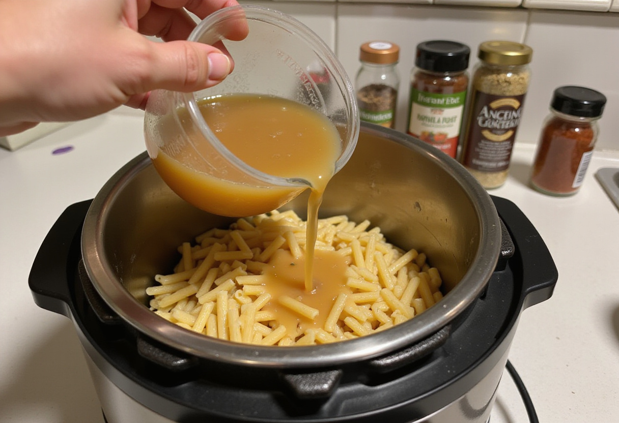 Pouring vegetable broth into an Instant Pot to cook pasta.