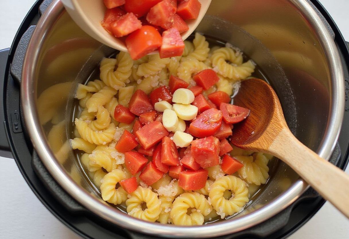Adding diced tomatoes and garlic to pasta cooking in an Instant Pot.