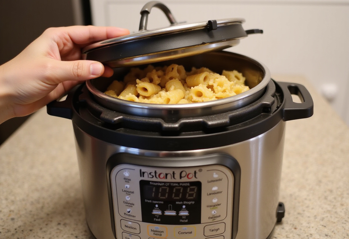 Sealing the Instant Pot lid for pressure cooking pasta.
