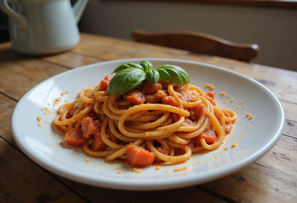Fresh homemade pasta with tomato sauce from KitchenAid pasta recipe.