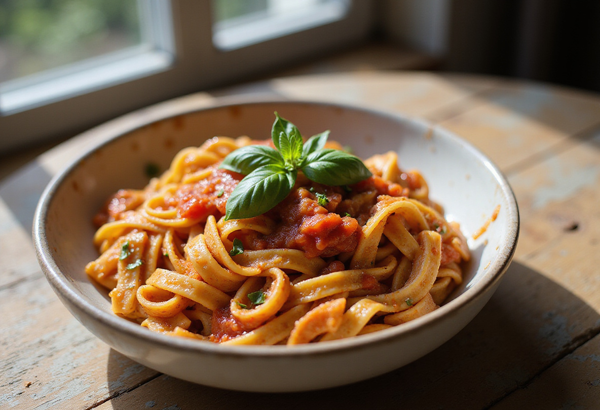 Fresh homemade pasta with tomato sauce from KitchenAid pasta recipe.