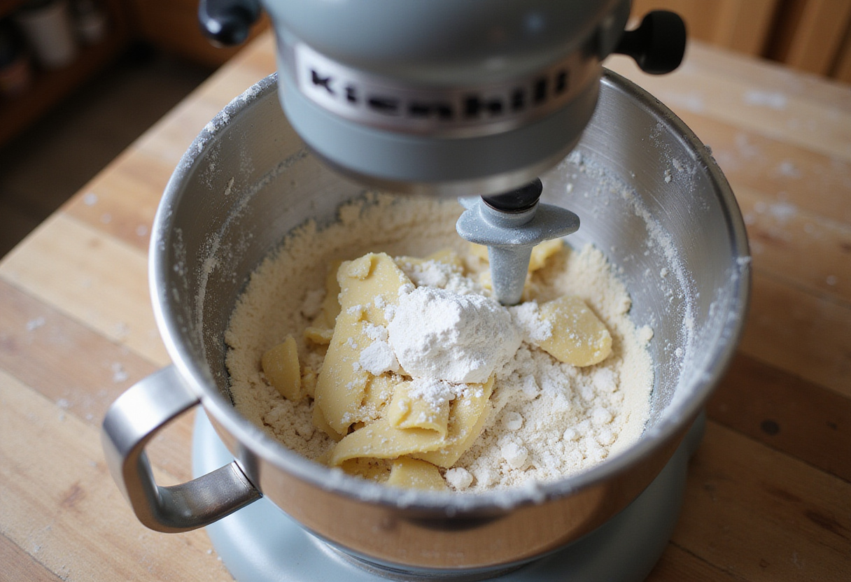 KitchenAid mixing flour and salt for homemade pasta recipe.