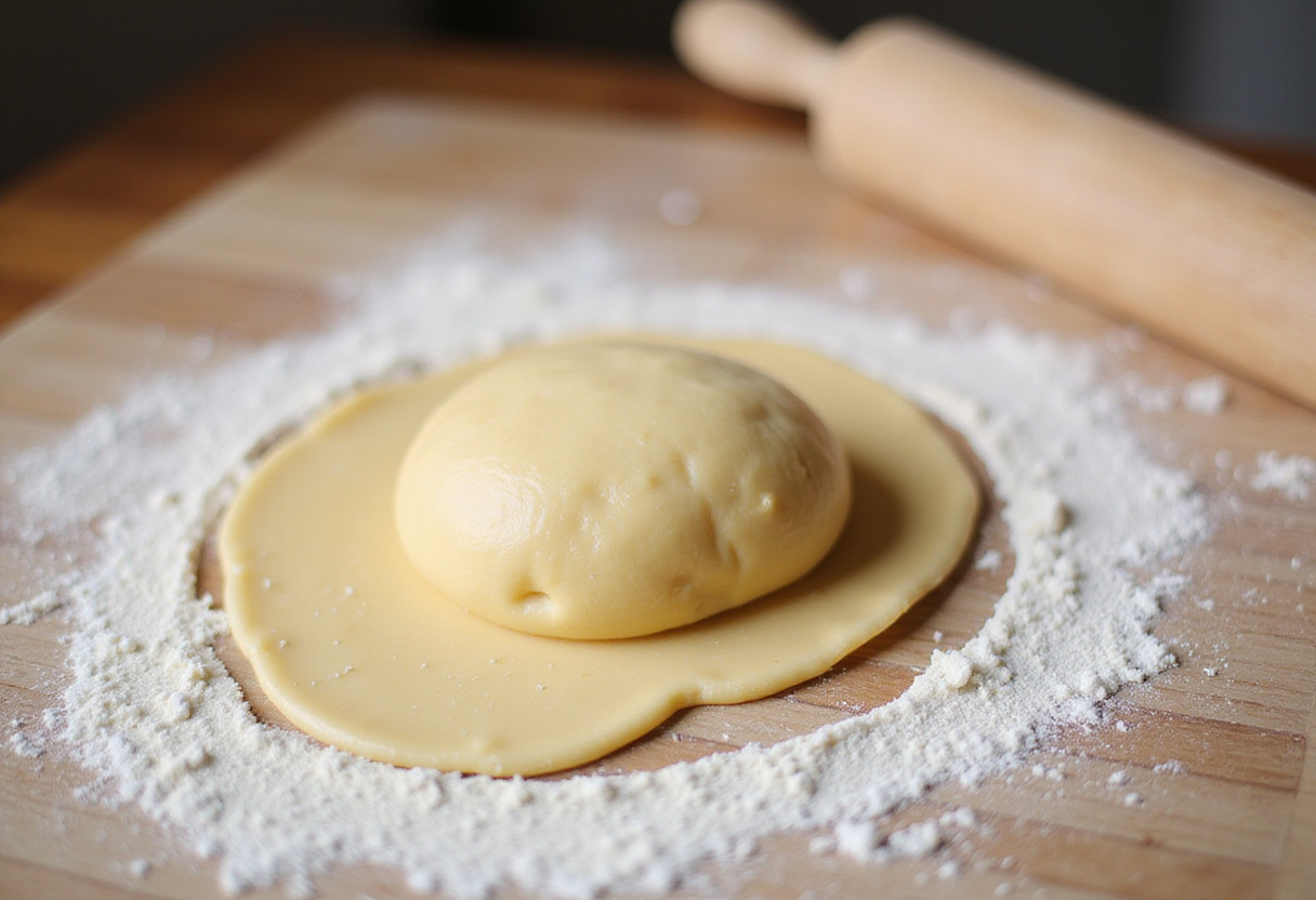 Pasta dough ball resting on a floured surface for KitchenAid pasta recipe.
