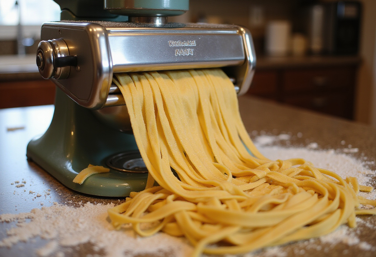 KitchenAid pasta maker creating pasta strands for homemade pasta recipe.