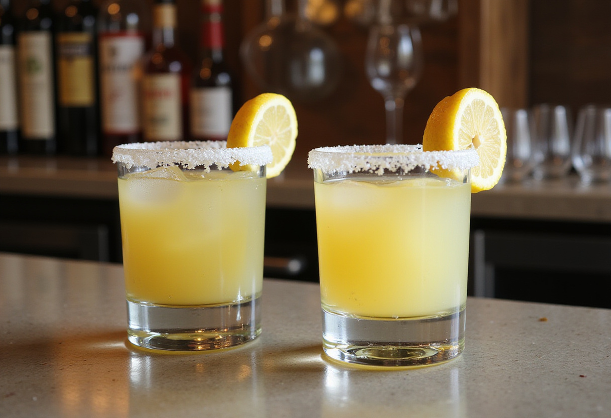 Finished lemon drop shots garnished with lemon wedges on a bar.