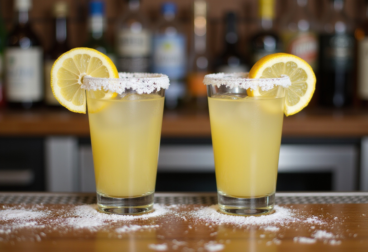 Finished lemon drop shots garnished with lemon wedges on a bar.