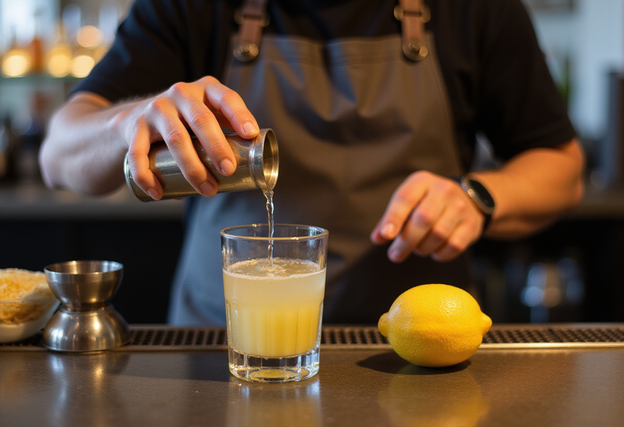 Preparing lemon drop shot with fresh lemon juice.