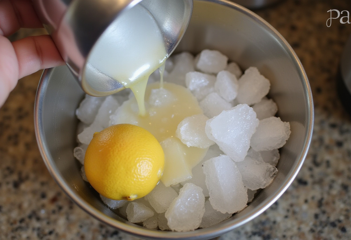 Adding ice to lemon drop shot mixture in a shaker.