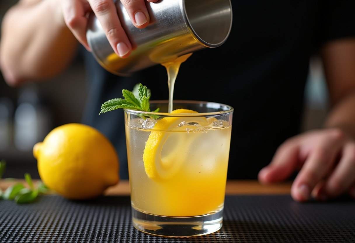 Shaking lemon drop shot ingredients in a cocktail shaker.