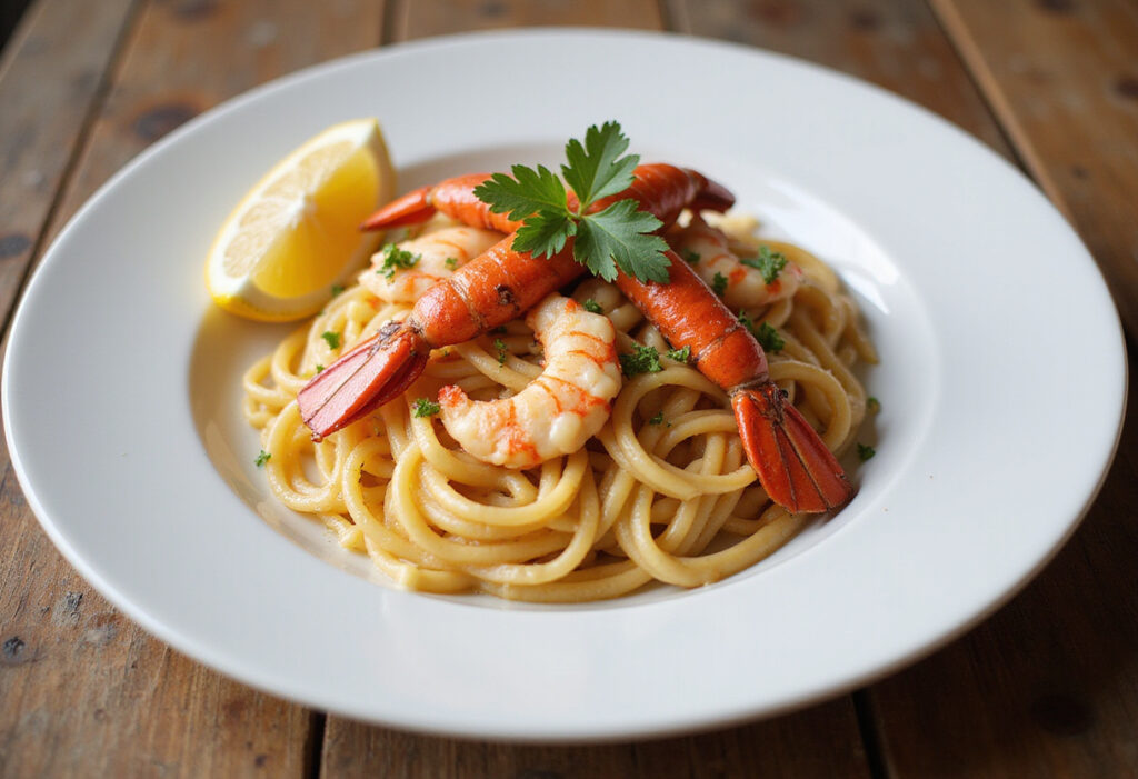 Finished lobster pasta dish garnished with parsley and lemon.