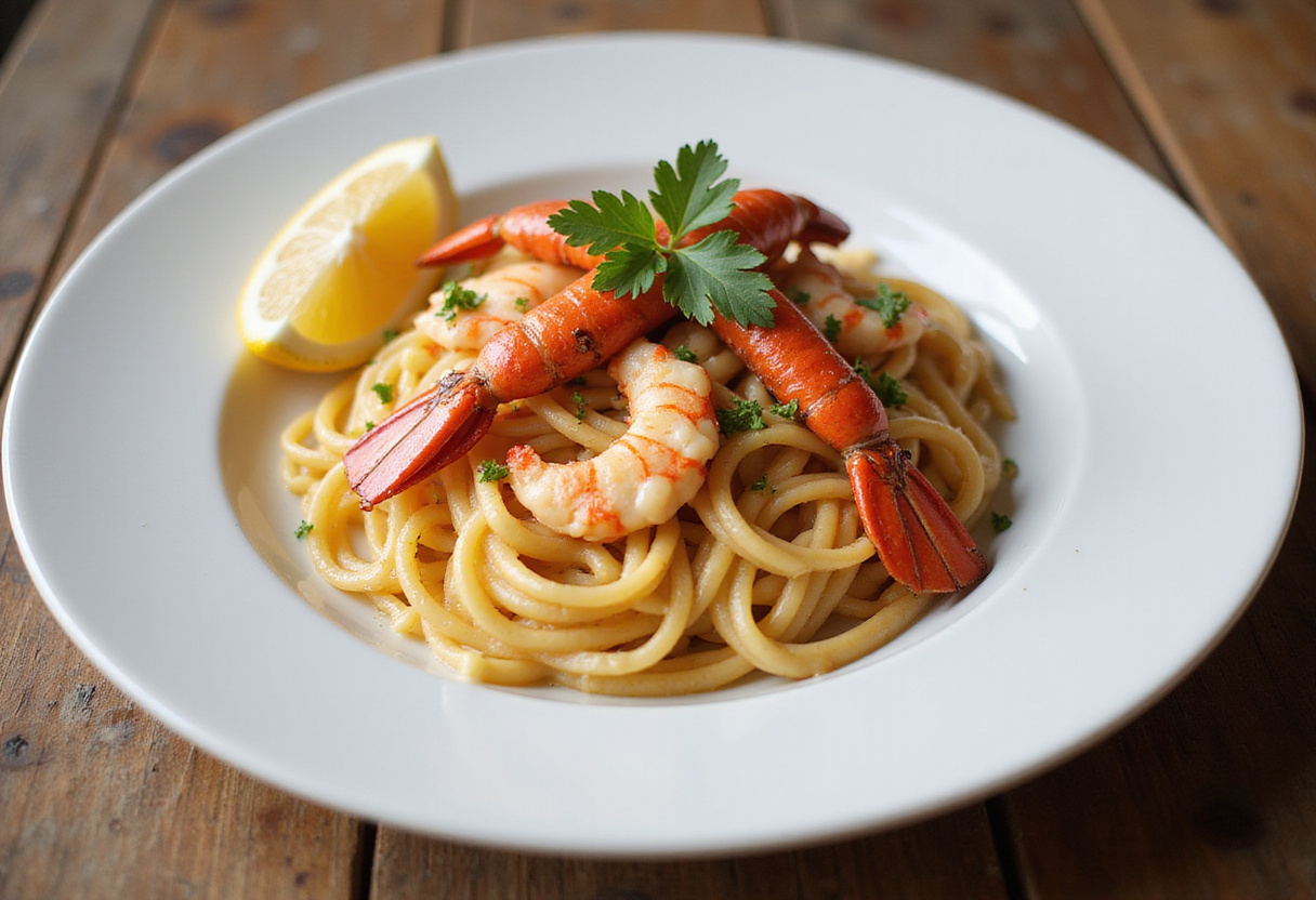 Finished lobster pasta dish garnished with parsley and lemon.