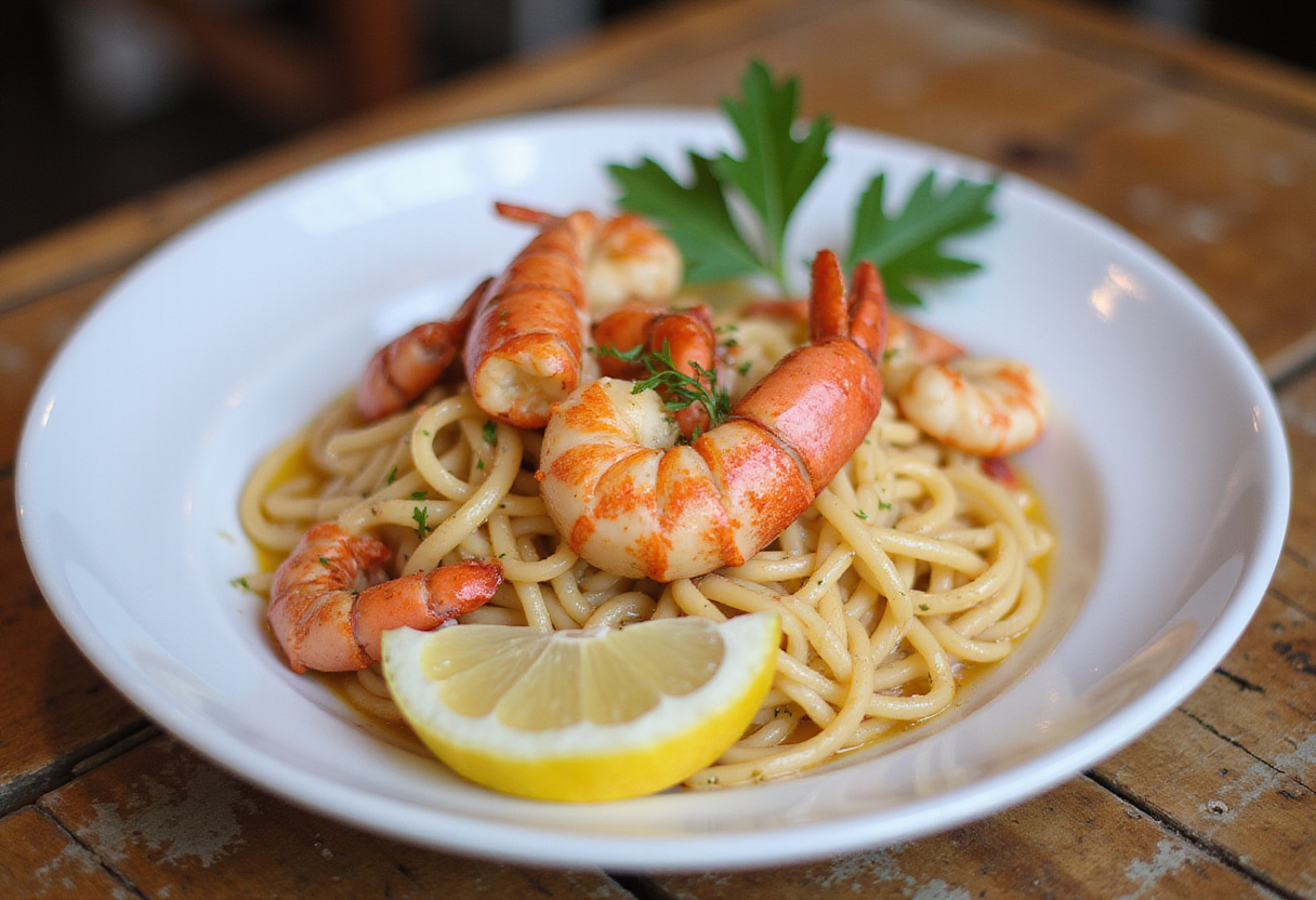 Finished lobster pasta dish garnished with parsley and lemon.