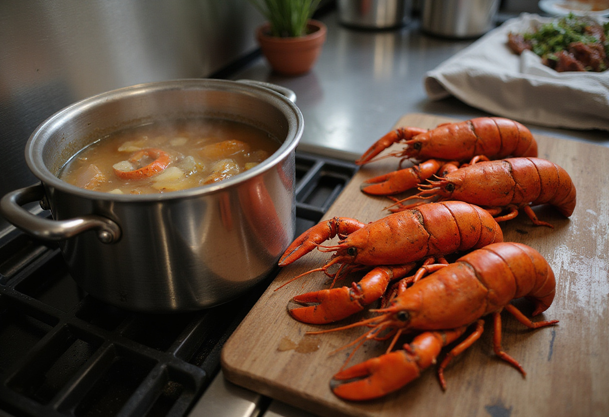 Lobsters and boiling water for starting lobster pasta recipe.