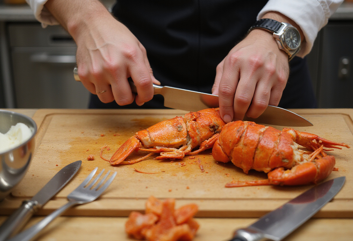 Chopping lobster meat for lobster pasta recipe preparation.