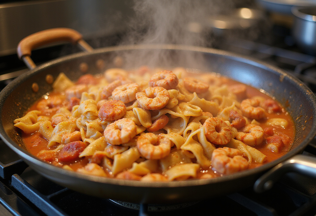 Tossing pasta with lobster and sauce for making lobster pasta.