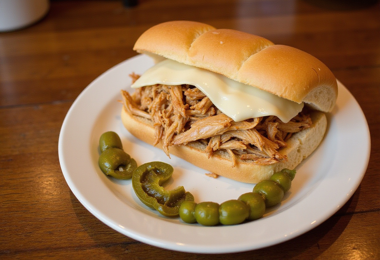 Mississippi Chicken sandwich with provolone cheese and pepperoncini peppers, ready to eat.